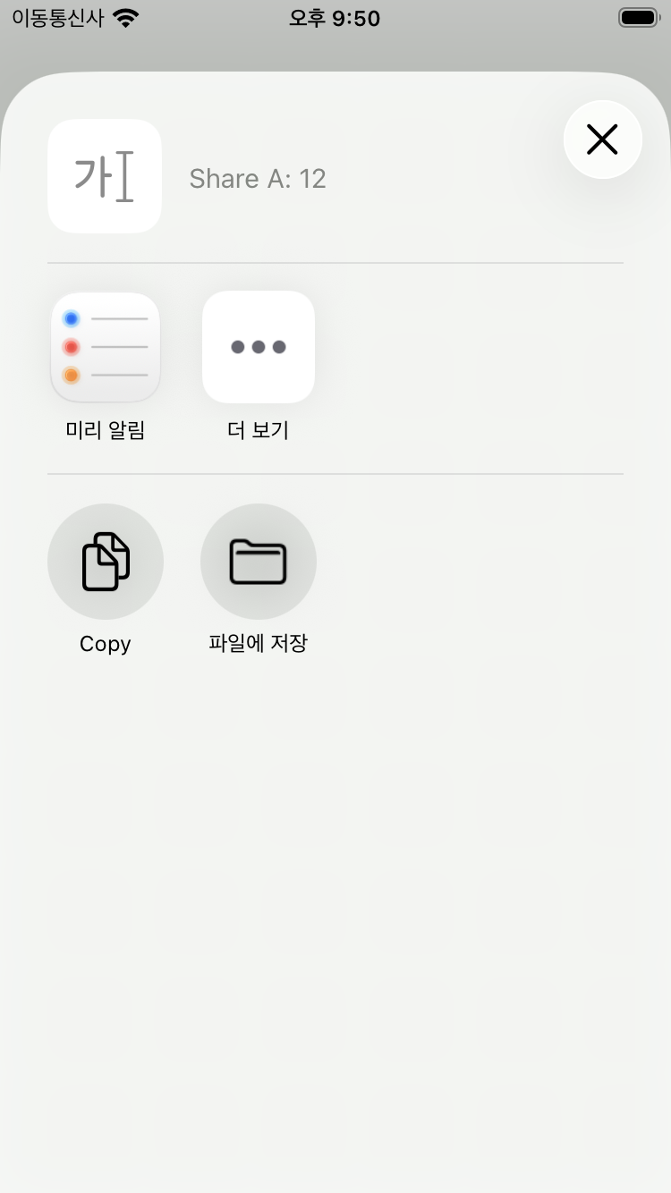 A 문자열과 Copy 동작이 보이는 item 기반 공유 시트
